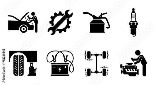 Car repair and auto service icons set, 8 black vector silhouettes for garage maintenance, automotive mechanic tools and vehicle diagnostic symbols