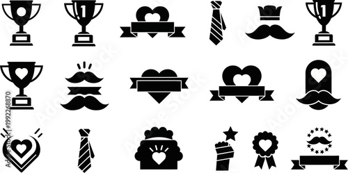 Collection of black and white icons featuring various symbols and logos including trophies mustaches hearts and ribbons