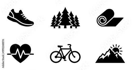 Outdoor fitness and wellness icon set, 6 black vector symbols for hiking and exercise, minimalist mountain and bicycle graphics for sports apps