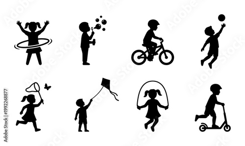 Active children playing outdoor games silhouette set, 8 kids summer activities icons, boys and girls jumping rope and riding bicycle vector