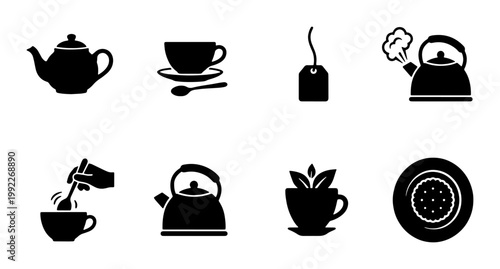Minimalist tea time icon set, black silhouette teapot and teacup vector collection, 8 beverage preparation symbols for cafe menus and kitchen branding