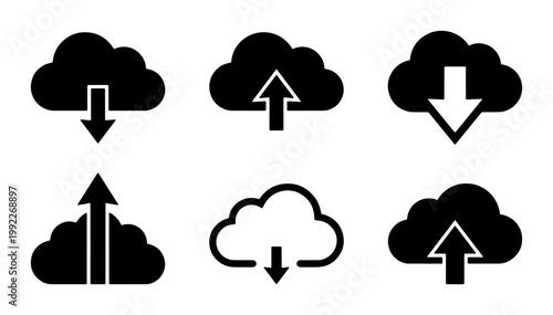 Cloud computing icon set with upload and download arrows, black silhouette data storage symbols, 6 vector elements for web interface design