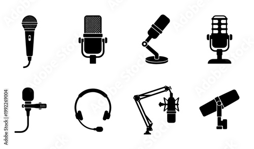 Professional microphone icon set, black podcasting and broadcasting equipment silhouettes, 8 vector audio recording tools for studio and radio