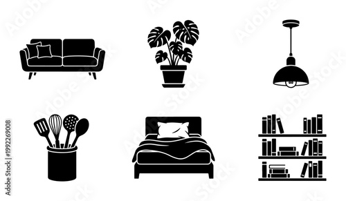 Minimalist home furniture icons set, black silhouette interior decor elements, modern house living room and kitchen vector illustrations for floor plans