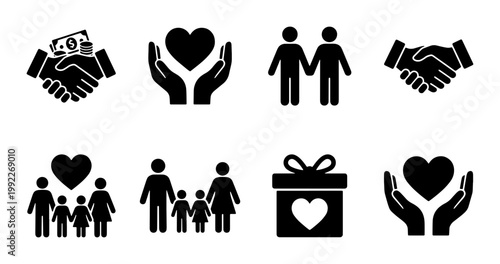 Charity and community icons set, 8 black vector symbols for donation and family support, nonprofit organization and volunteering graphics