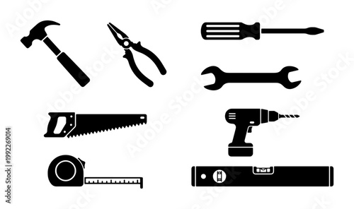 Black industrial hand tools icon set, construction hardware equipment vector collection, professional carpentry and repair tool silhouettes on white