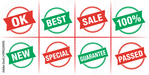 Eight round badges and labels with different words for marketing and sales purposes. 