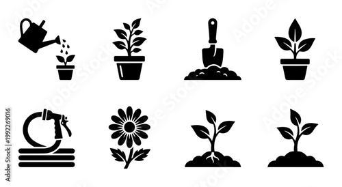 Gardening icon set with 8 black vector symbols, garden tools and potted plants collection, horticulture equipment and seedling growth icons