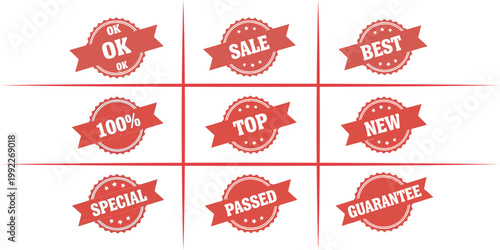 Red Circular Labels with Textual Information for Sales.