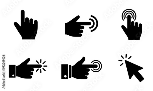 Minimalist hand cursor icon set, black computer mouse pointer symbols, 6 vector clicking gestures for website navigation and digital interface design
