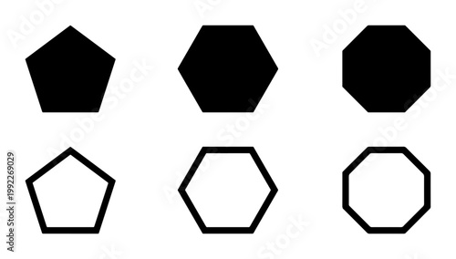 Geometric polygon shape set, black pentagon hexagon and octagon icons, flat vector collection of outline and solid mathematical symbols
