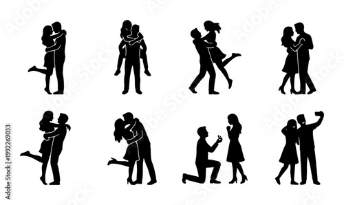 Romantic couple silhouettes set, 8 black vector icons of lovers in various poses, man and woman hugging and kissing, marriage proposal and wedding graphics