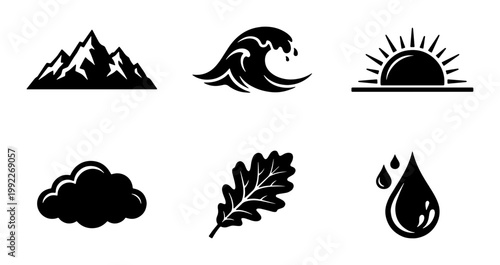 Minimalist nature icons set, black silhouette outdoor symbols of mountain wave and sun, 6 eco friendly vector elements for logo design