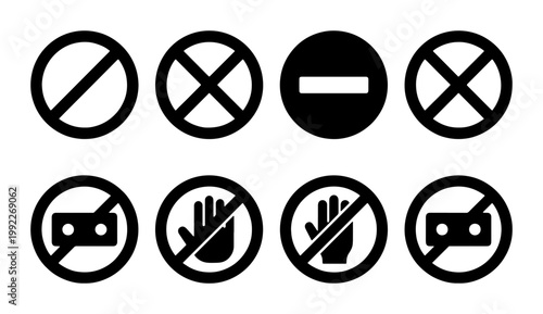 Prohibition sign icon set, black forbidden symbols and no entry warning marks, collection of 8 vector icons for safety and restriction labels