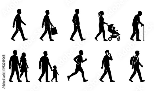 Walking people silhouettes set, diverse pedestrian collection with 10 vector elements, urban crowd figures for architectural visualization and city life