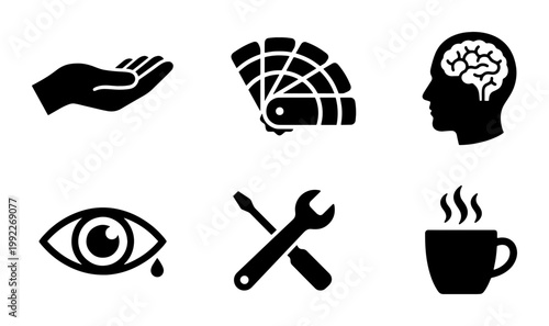 Minimalist black solid icon set, collection of 6 flat vector symbols including brain, hand, color palette, eye, tools, and coffee cup for web design