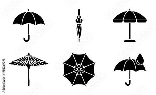 Black umbrella icon set, flat vector parasol collection for weather and rain protection, 6 solid glyph symbols for sunshade and beach accessories