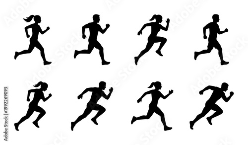 Running people silhouettes set, 8 athlete vector icons, sprinting man and woman figures, black jogging characters for sports and fitness design