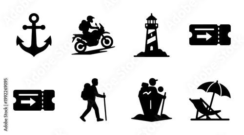 Travel and adventure icon set, black silhouette vacation symbols, 8 vector elements for hiking and tourism, outdoor recreation and summer trip graphics