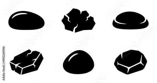 Black stone icons set, 6 vector rock silhouettes with smooth and cracked textures, mineral and boulder symbols for gaming and nature UI