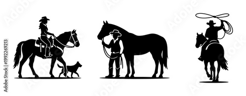Cowboy and Cowgirl Silhouette Vector Set, Western Ranch Life Illustrations with Horses and Lasso, Wild West Equestrian Rider Graphics