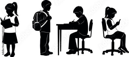 Silhouette vector of school children reading a book, standing with a backpack, writing at a desk, and using a smartphone.