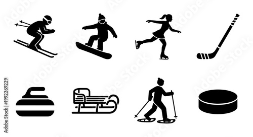 Winter sports icon set with 8 black silhouettes, skiing and snowboarding vector symbols, ice hockey and figure skating graphics for seasonal activities