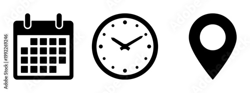 Minimalist black icon set with calendar, clock, and map pin location symbols, flat vector elements for appointment scheduling and event planning