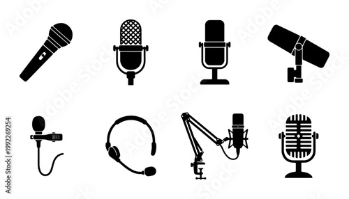 Professional microphone icon set, black podcasting equipment silhouettes, 8 vector audio recording tools for studio broadcasting and music production