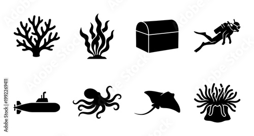 Underwater ocean life icon set, black silhouette sea creatures and diving elements, 8 vector symbols of marine life and exploration