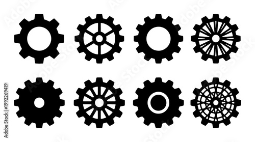 Industrial gear icons set, black mechanical cogwheel silhouettes, 8 vector engine parts for engineering and technology design projects