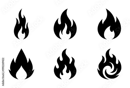 Minimalist fire flame icons set, black silhouette bonfire symbols, collection of 6 vector heat and energy signs for logo design and UI