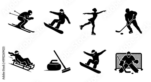 Canvas Print Winter sports icons set with 8 black silhouettes, professional athlete vector il