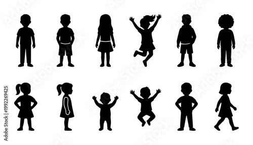 Children silhouettes collection, set of 12 diverse kids and toddlers in various poses, black vector icons of boys and girls playing and standing