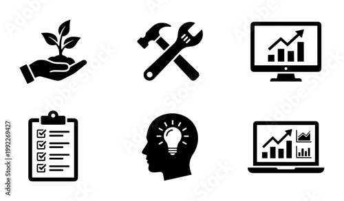 Minimalist business icon set, black solid vector symbols for corporate growth and strategy, 6 professional web icons for management and development