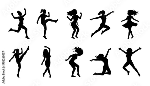 Dancing woman silhouettes set, 10 active female figures in motion, black vector girl dancer poses, energetic party and fitness people collection