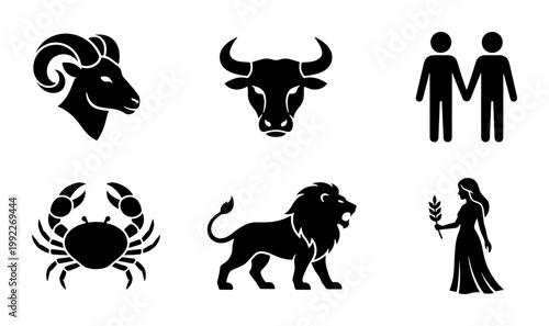 Zodiac signs black vector icons set, astrology horoscope symbols including Aries Taurus Gemini Cancer Leo and Virgo, celestial constellation graphics