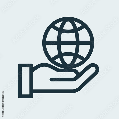 global environmental protection, worldwide earth care outline icon, line sign globe with latitude and longitude in hand vector isolated pictogram for web on white background editable stroke...........