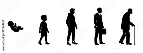 Human life cycle evolution silhouettes, aging process from baby to elderly man, male growth stages vector set, chronological development timeline