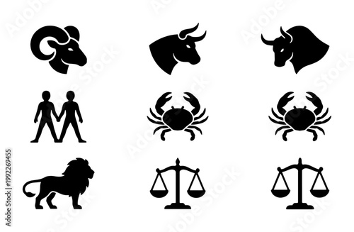 Zodiac sign icons set, black astrological horoscope symbols, 9 vector illustrations of celestial constellations for spiritual branding and web design