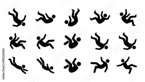 Falling person stick figure icons, set of 15 black vector silhouettes, man tumbling and slipping in various poses, accident and injury warning symbols