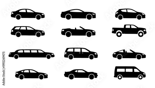 Black car silhouette icons set, 12 vehicle side view vector illustrations, automotive body types including sedan, suv, pickup truck and limousine