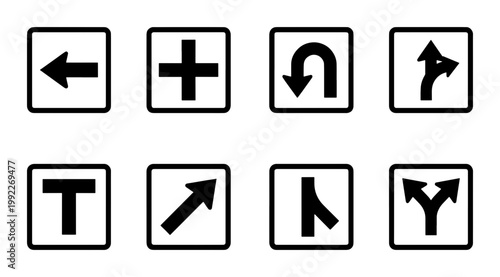 Road traffic sign icons set, black and white navigation arrow symbols, collection of 8 directional street signs for map and wayfinding design