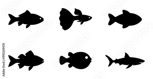 Black fish silhouette icons set, collection of 6 aquatic animal vector shapes, minimalist sea life and shark symbols for fishing logos and marine design