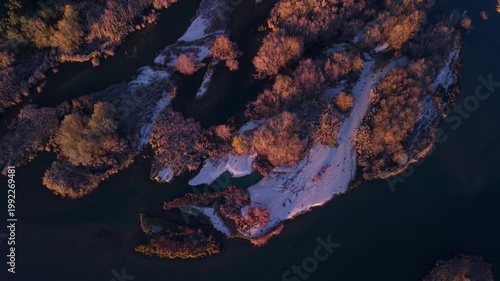 Aerial view from a drone of the Alberche River near the Cazalegas Reservoir, close to the town of Cazalegas. Province of Toledo. Castile-La Mancha. Spain. Europe