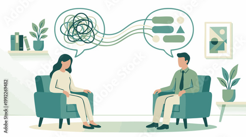 Therapy session illustrating complex thoughts becoming clear through communication