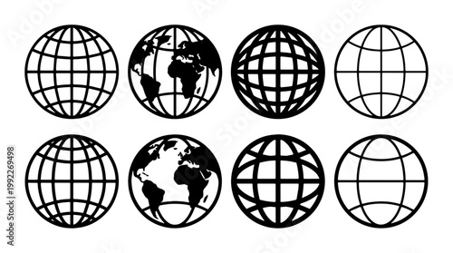 Minimalist globe icon set, black earth planet vector symbols, collection of 8 world map and grid sphere illustrations for web design