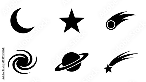 Minimalist space icon set with 6 black vector elements, celestial astronomy symbols including moon and star, galaxy and planet silhouettes for web design