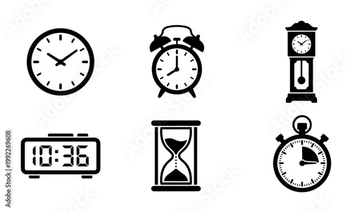 Minimalist clock icon set, black flat vector time symbols, collection of 6 watch and alarm icons for interface design and scheduling apps