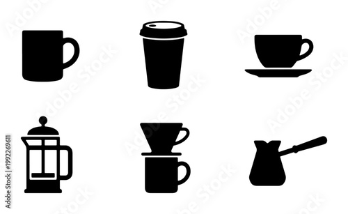 Minimalist coffee icon set, black silhouette cafe drink symbols, 6 vector elements for restaurant menus and coffee shop branding